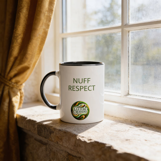 NUFF RESPECT  - Foundations Collection    White 11oz Ceramic Mug with Color Inside Ceramic Black